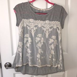 Gray Top with White Lace Long Shirt